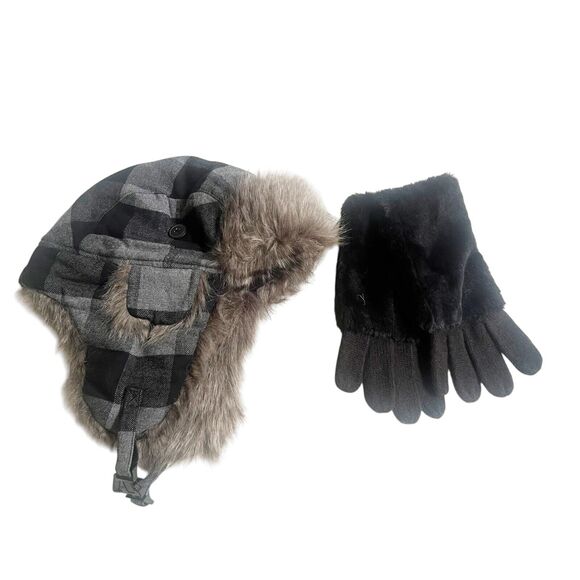 AMERICAN EAGLE BLACK PLAID TRAPPER HAT Faux Fur Lined Black Gloves Bundle NWT - Picture 1 of 8